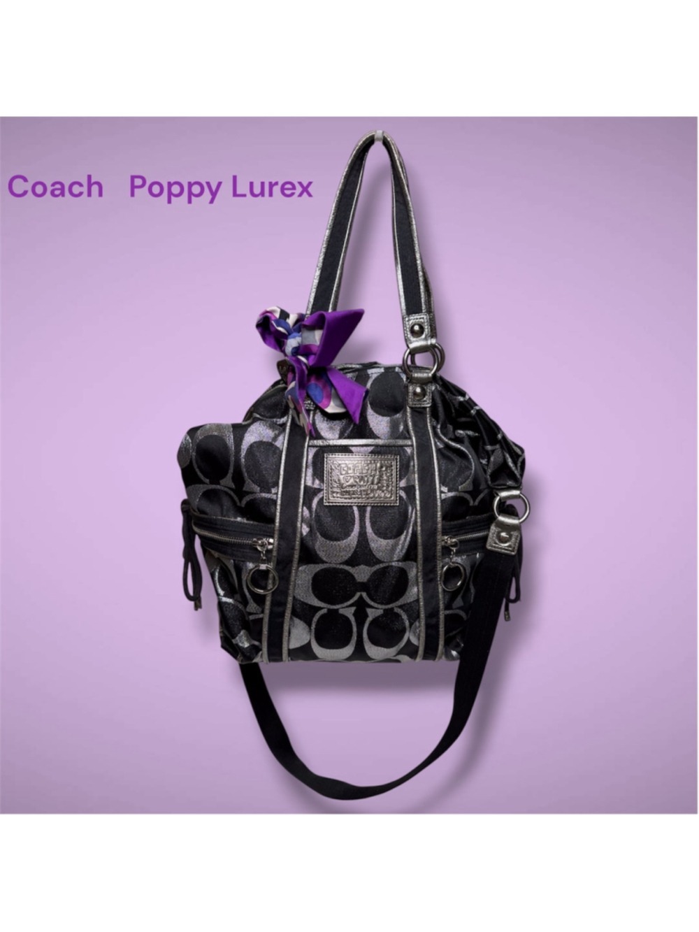 Coach Poppy Lurex Satchel Black Silver Plum 14435 Large